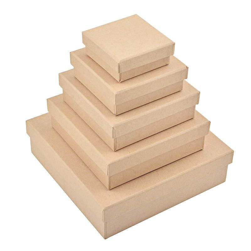 WANDIC Paper Mache Box， クラフト紙製ミニボックス（蓋付き） クラフト用品、小物、化粧品、ジュエリー、ギフトの収納に， スクエア(5個) 0