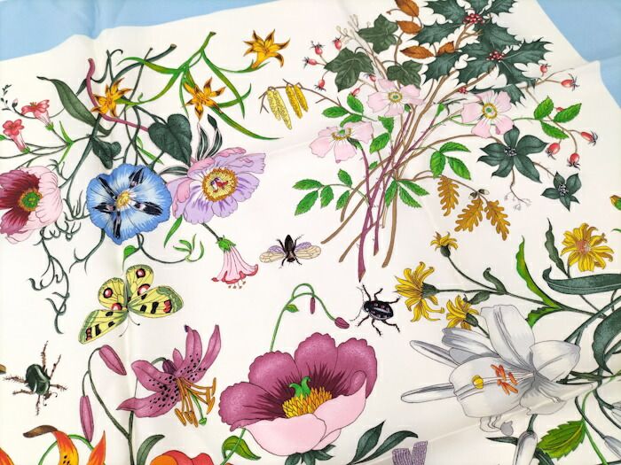 GUCCI スカーフ フラワー 花柄 シルク マルチカラー ブルー系