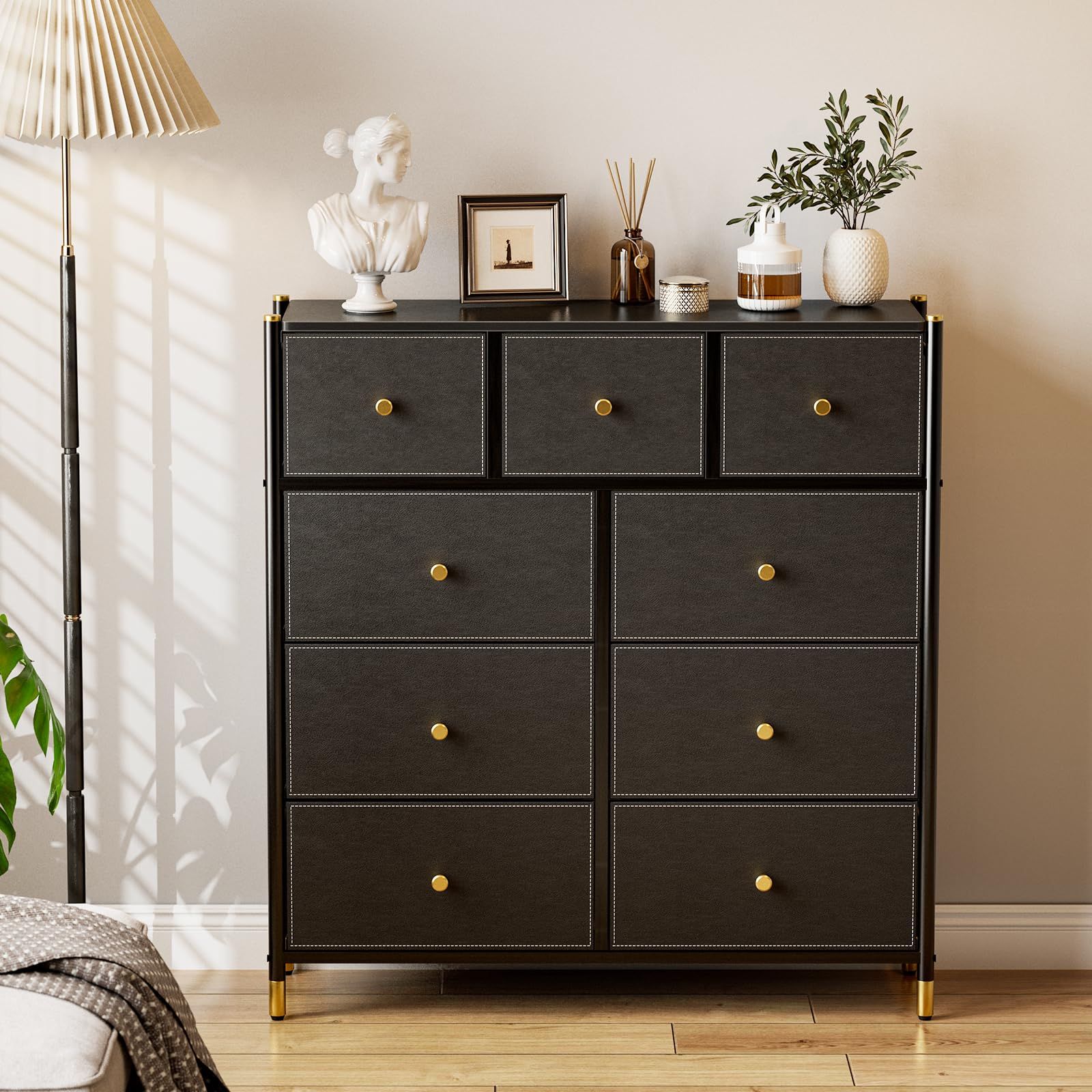 4段9杯 幅100×奥行30×高さ103.5cm 一人暮らし北欧風 転倒防止 木製天板 寝室 リビング収納 ワイドたんす オシャレ 衣裝ケース ブラック ハイチェスト 引き出し 箪笥 洋服収納 収納 布製 タンス チェスト IKIFLY