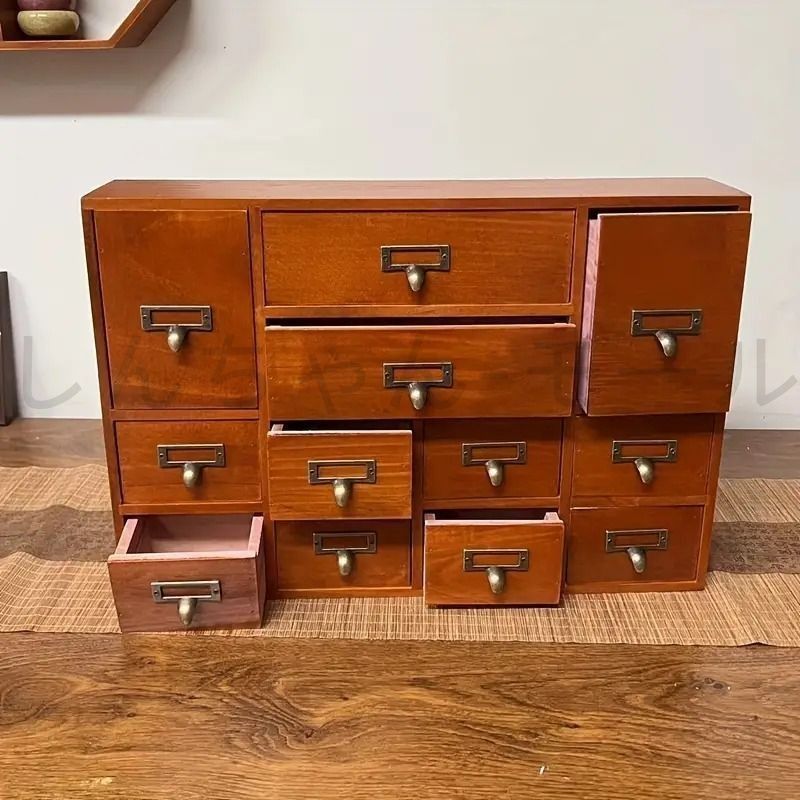 棚 ミニチェスト 収納 木製 ヴィンテージ 和風 引き出し 取っ手 小物入れ 文具 ジュエリー 卓上 デスクトップオーガナイザー アンティーク