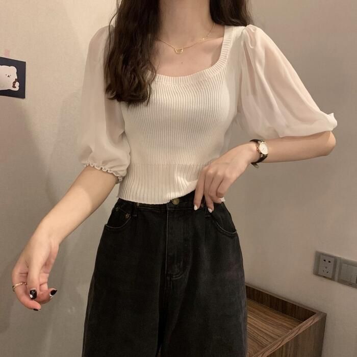 トップス ニット カットソー インナー Tシャツ パフスリーブ シアー 異素材ミックス エレガント レディース 大人 きれいめ カジュアル フェミニン 五分袖 zzr0313556b32d