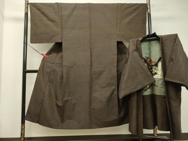 平和屋着物●男性 紬 アンサンブル 赤墨色 正絹 DAAT1238tw