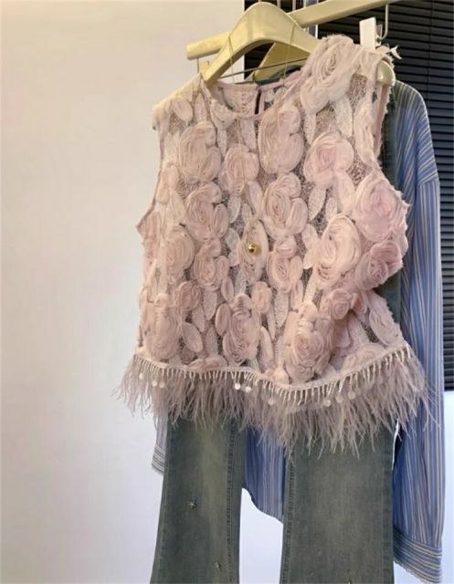 立体デザイン 花 スタッズ×フリンジ レースカーディガン (T)