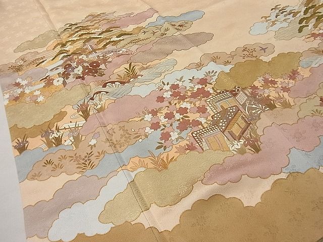 平和屋1□極上 皇室献上作家 藤井寛 訪問着 駒刺繍 雲重ね風景花文 ...