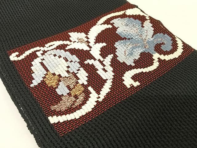 さ*ん様 夏物 夏名古屋帯 正絹 刺繍 素敵なデザイン 九寸 U-7834 平和屋着物＊夏物 八寸名古屋帯 刺繍 花唐草文 黒地 金銀糸 正絹