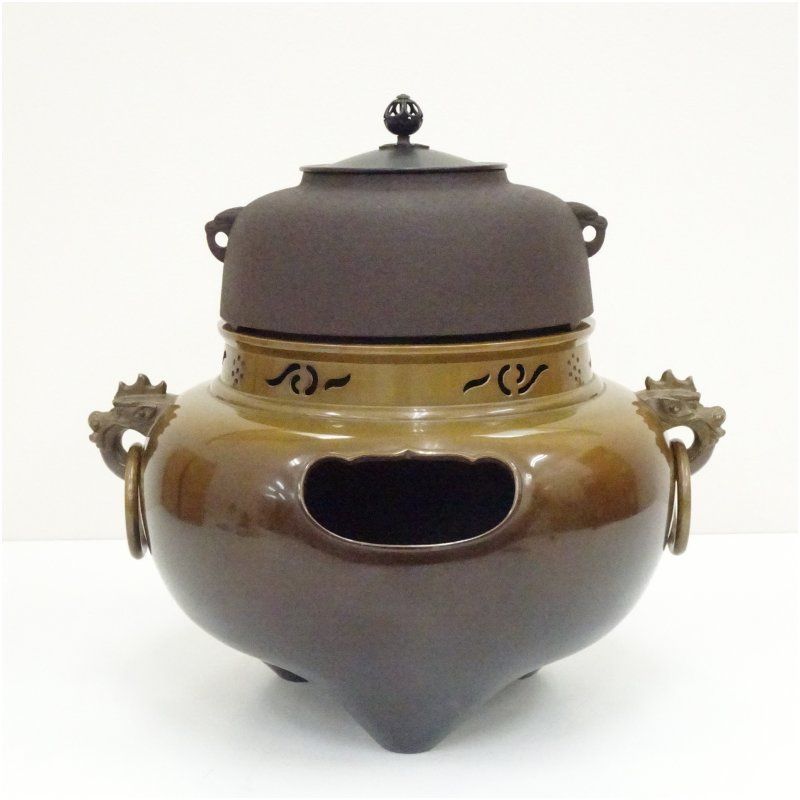 畠春斎・麻生雄芳合作 唐銅鬼面風炉・釜添（共箱） 茶道 茶道具