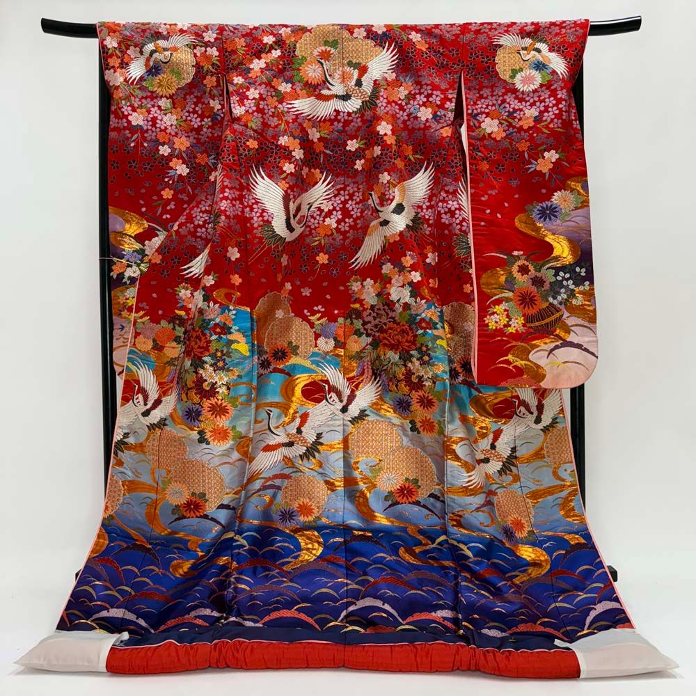 色打掛 正絹 鶴 刺繍 赤 青 打掛 花嫁衣裳 婚礼 リサイクル ブライダル ウエディング 着物 4300