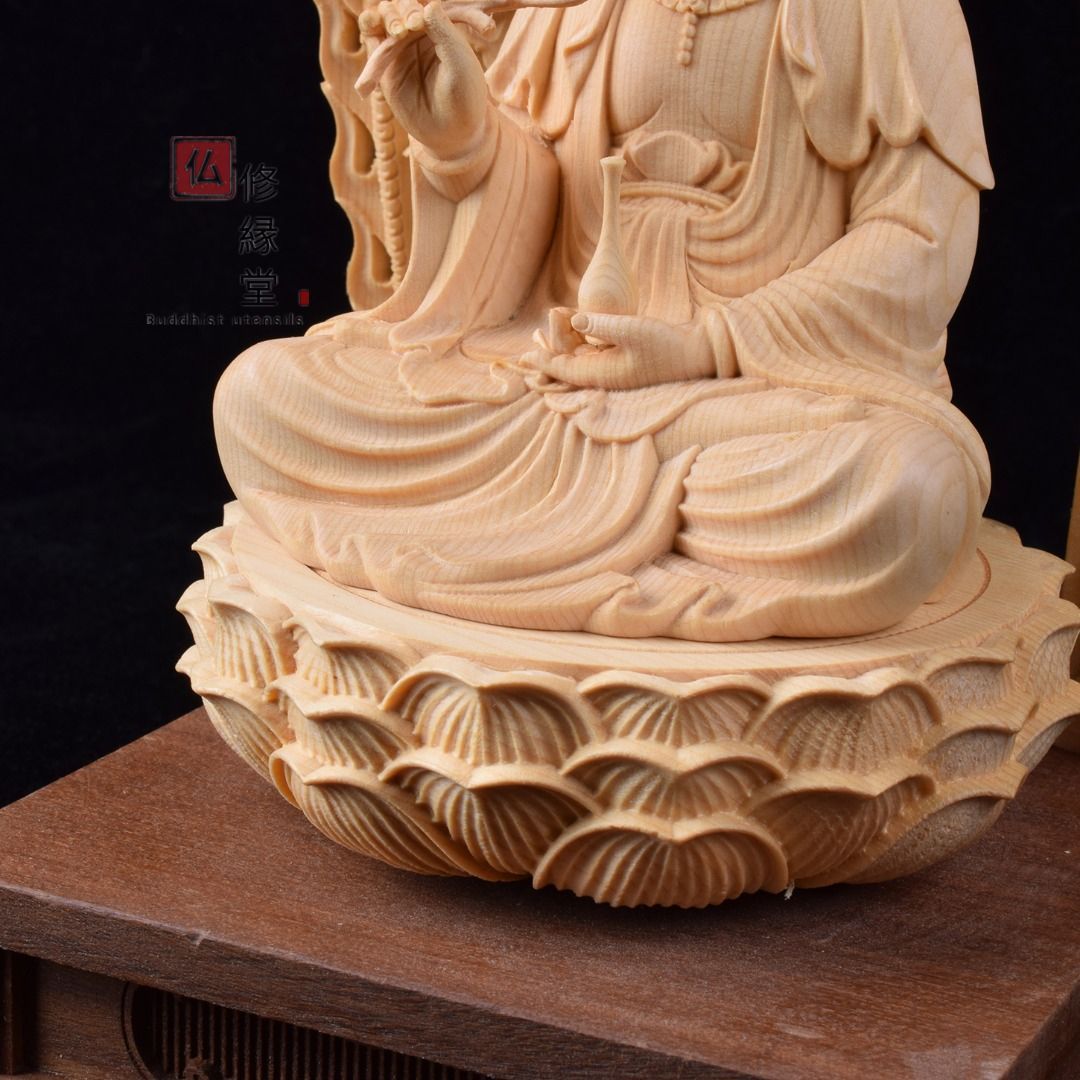 修縁堂】最高級 木彫仏像 観音菩薩座像 彫刻 一刀彫 天然木檜材 仏教 