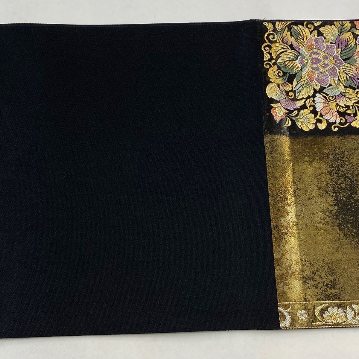 袋帯 美品 秀品 更紗花鳥文 金糸 箔 黒 六通 正絹 【中古