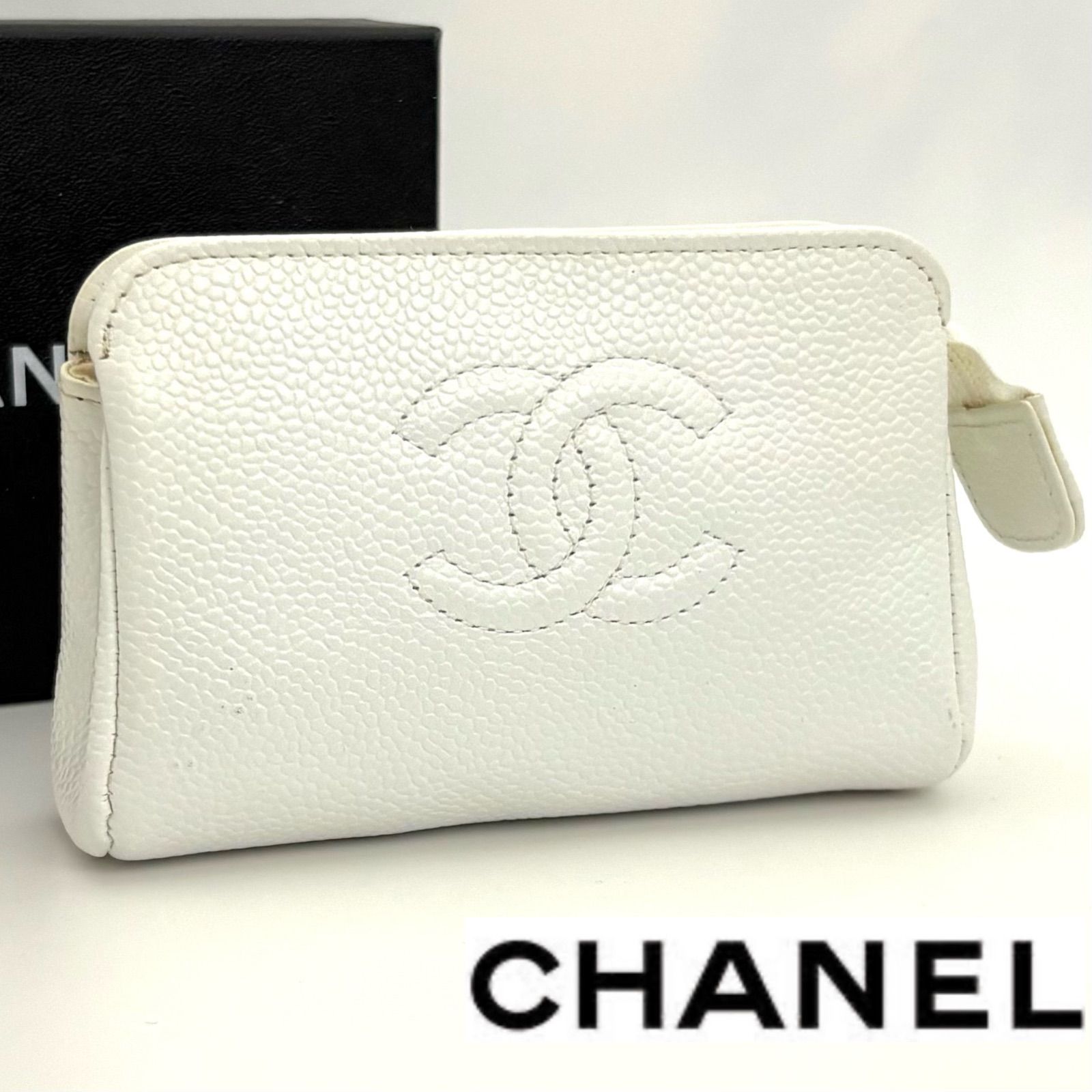 シャネル CHANEL CC ココマーク シガレットケース タバコケース メイクポーチ 化粧ポーチ ポーチ キャビアスキン ホワイト 白