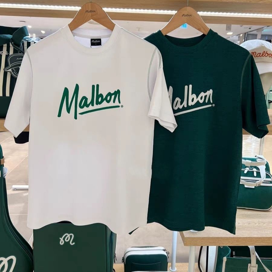 Malbon 夏 ゴルフ メンズウェア 半袖Tシャツ 通気性 軽量 スポーツウェア レジャー アウトドア 緑|白