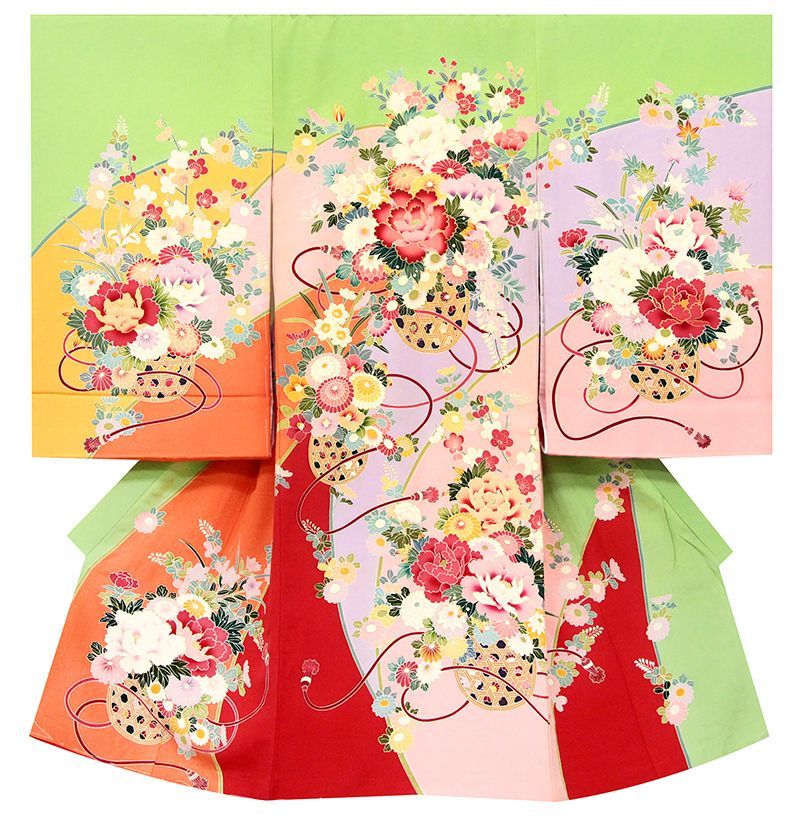 SALE，HOT ※記念感謝祭☆正絹京友禅工芸手加工美術染☆花かご古典四季花祝い文多色染め分け友禅染☆お祝着10012179 お宮参り用品