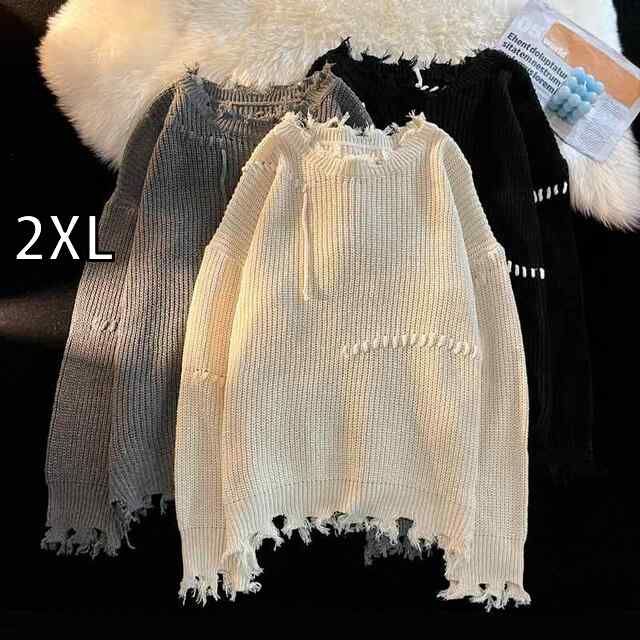 2XL 春 コーデ メンズ 用 服 シンプル ファッション オシャレ 大人 かっこいい 大きいサイズ ストリート 紳士服 ステッチ ダメージ加工 ラウンドネック ゆったり 暖かい ニット セーター レディース