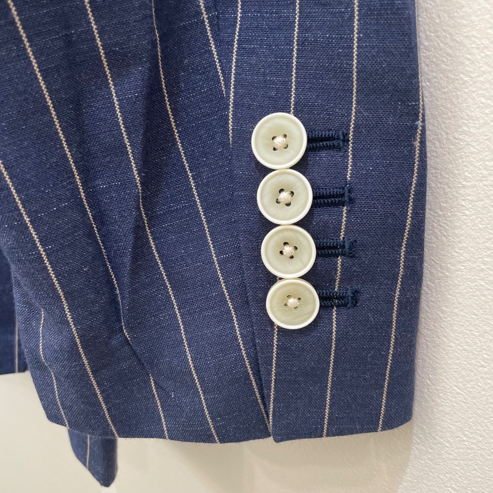 スーツセレクト【コットンリネンダブルジャケット】ネイビー AB6 SUIT SELECT スーツセレクト ストライプ柄コットンリネンダブル