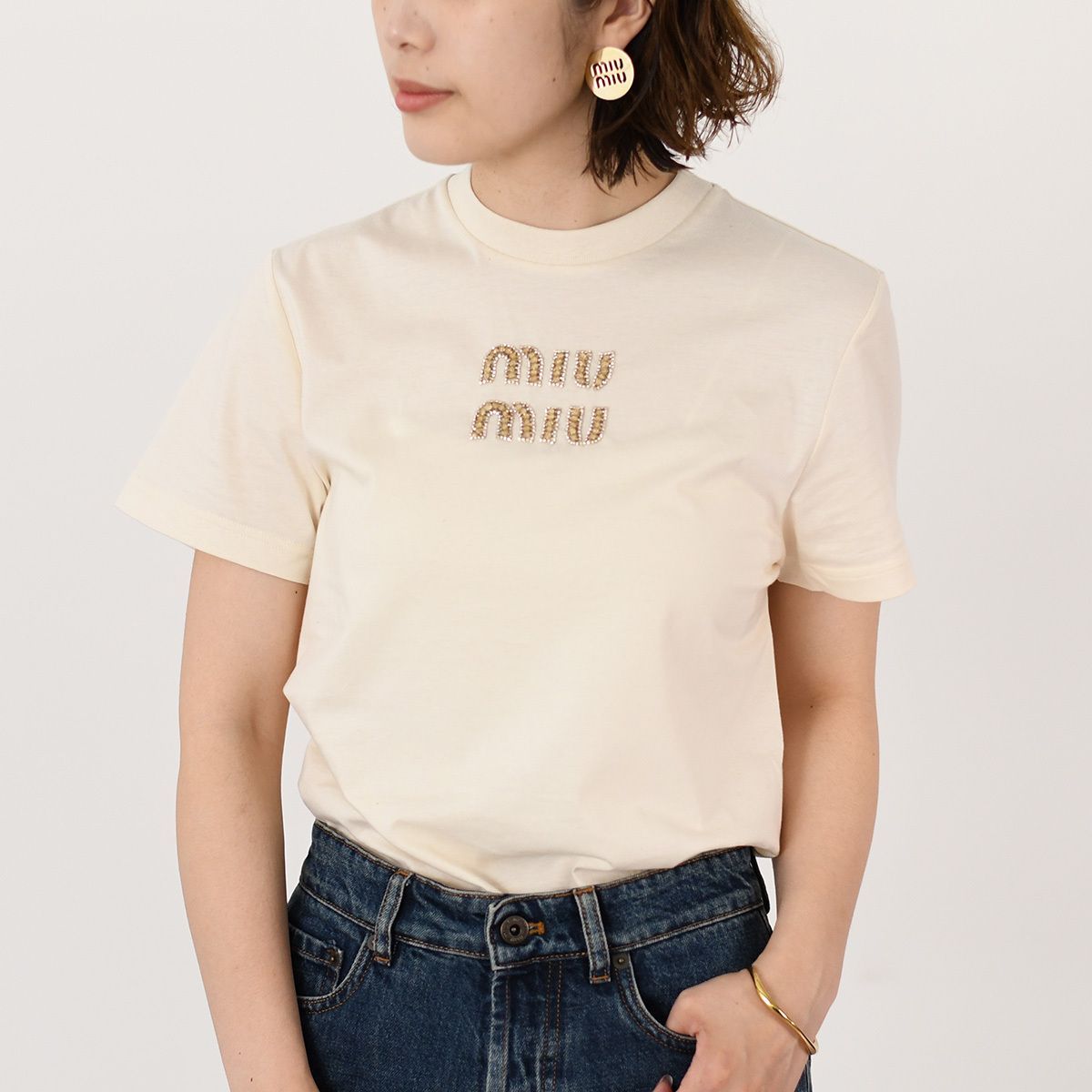 海外最新 ミュウミュウ MIU MIU トップス 1585 MJN499 Tシャツ ジャージー Tシャツ(半袖+袖なし)