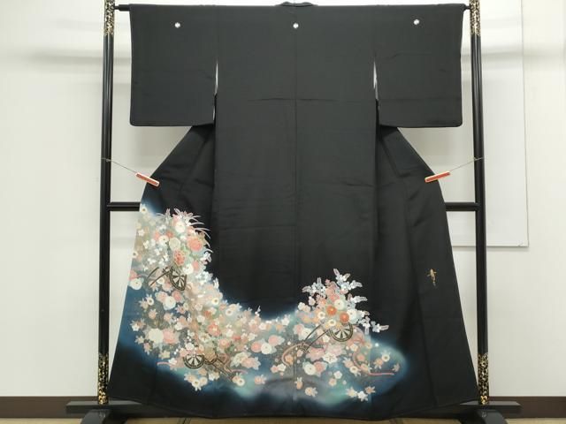 平和屋着物●京友禅の第一人者 松井青々 黒留袖 駒刺繍 花車文 暈し染め 金彩 正絹 CAAX3101th
