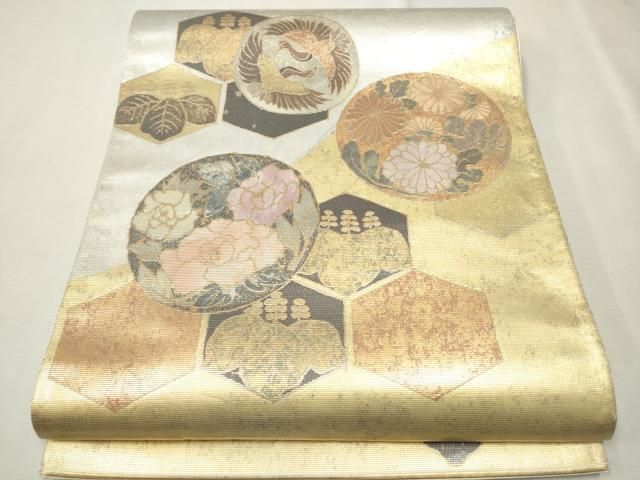 袋帯 螺鈿箔 花柄 華やかな花柄 素敵なデザイン お太鼓柄 正絹 T-6598 袋帯 名品 華文 草花 箔 螺鈿 薄茶色 お太鼓柄 正絹 【中古
