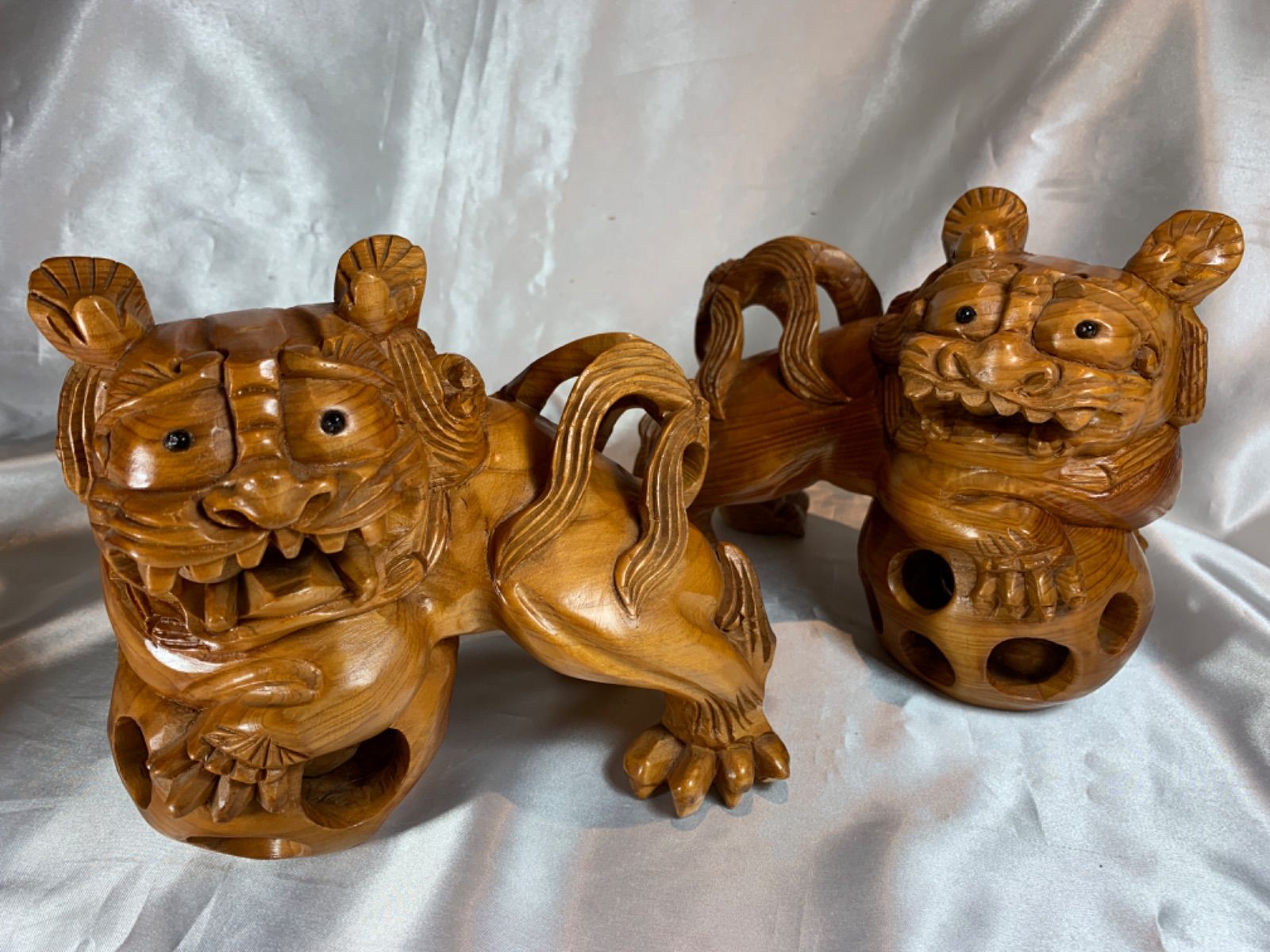 極上品 木彫り 置物 獅子 唐獅子 ペア 極上品 木彫り 置物 獅子 唐獅子