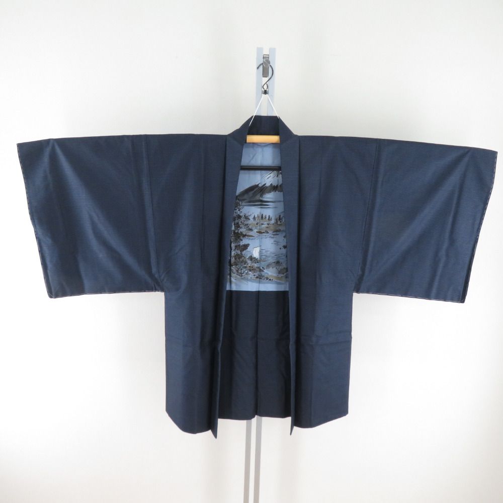 男着物 紬 アンサンブル 袷 黒青色 正絹 男性用きもの メンズ 仕立て