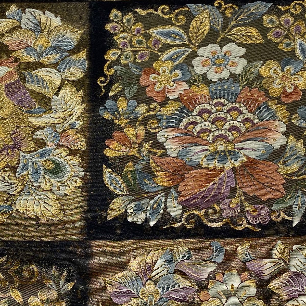 袋帯 美品 秀品 更紗花鳥文 金糸 箔 黒 六通 正絹 【中古