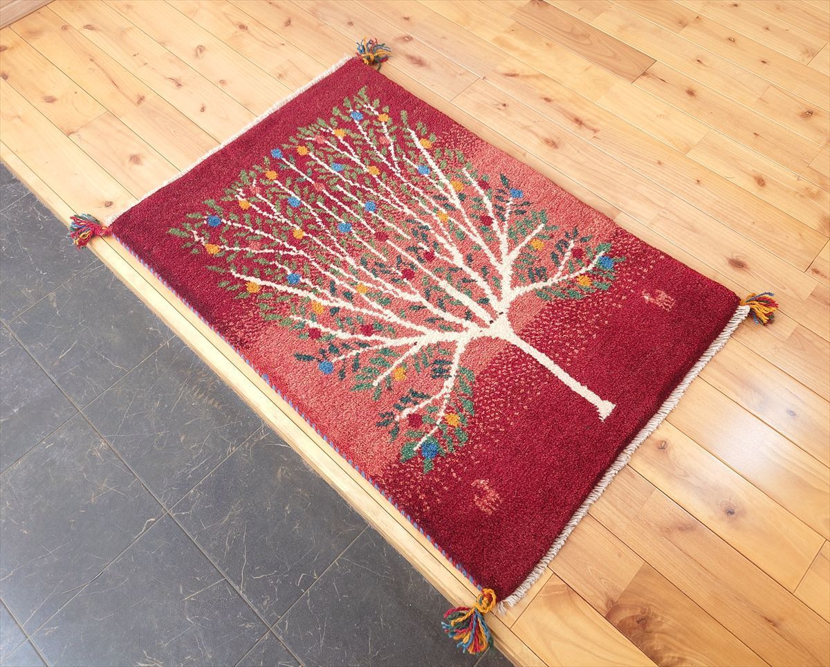 ペルシャ ギャッベ 玄関マット ラグ 88x60cm 茜色 桃色 ザクロの ペルシャ ギャッベ 玄関マット ラグ 88x60cm 茜色 桃色 ザクロの