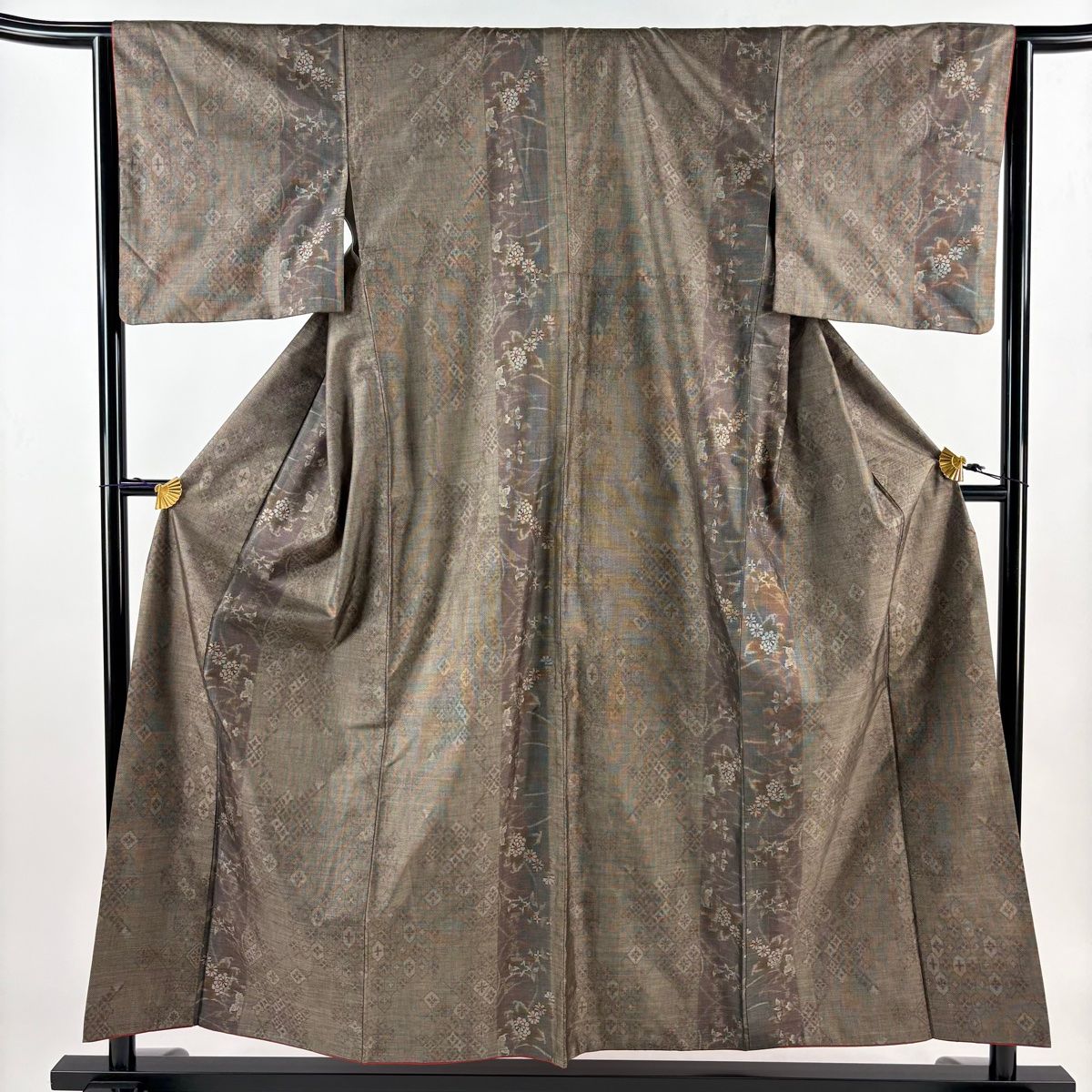紬 身丈155cm 裄丈64cm M 袷 菊 亀甲 茶色 正絹 名品