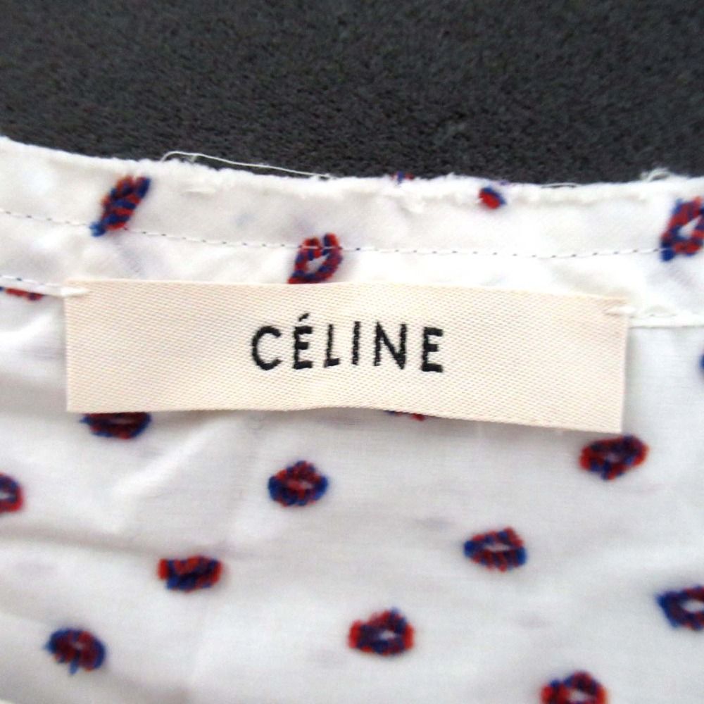 美品 CELINE セリーヌ フィービー期 ドット柄刺繍 ノーカラーシャツ タキシードシャツ サイズ42 ホワイト レッド×ブルー レディース 古着 中古 美品 CELINE セリーヌ フィービー期 ドット柄刺繍 ノーカラー