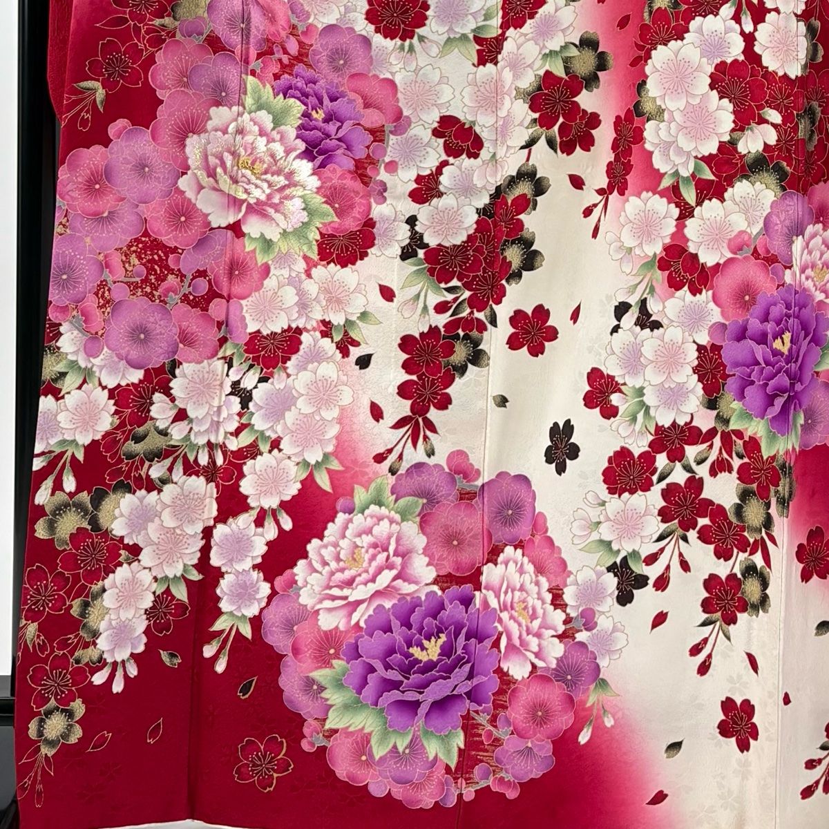 振袖 身丈169cm 裄丈68cm L 袷 袋帯フルセット 牡丹 桜 箔 金彩 クリーム 正絹