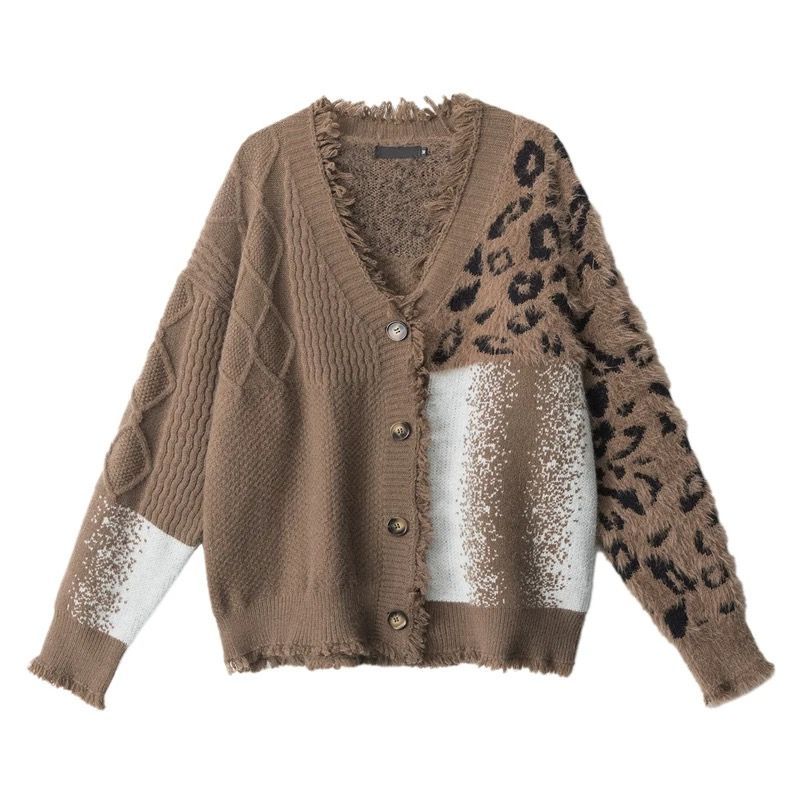h アメリカンハイストリート ヴィンテージ風 レオパード×ジオメトリック ジャカード ニットカーディガン｜ユニセックス 美式 感 デザイン ニットアウター