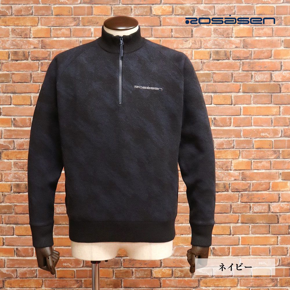秋冬|Rosasen|Lサイズ|ハーフジップニット 044-59112 裏地付き 防風 抗ピリング加工 抗菌 消臭 ハイネック ゴルフ メンズ 紳士 ロサーセン |紺|ネイビー|mc178|
