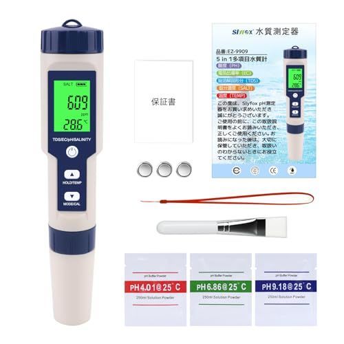 5 in 1 水質測定器 Slyfox 水産養殖 水質測定器 5 in 1 pH/EC/TDS/塩分濃度/温度測定器 【新規アップグレード電極高安定】書付き PPM検査 塩分濃度計 自動温度 減塩生活 水耕 海水 水族館 海洋 錦鯉池