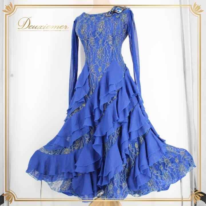 社交ダンス 衣装 スタンダード ドレス ワンピース レッスンウェア レディース オールシーズン 青 金 ICHIOKU イチオク ブルー系 ゴールド系 長袖 気品ある ロイヤルブルー 華やかレース 胸元飾り 手縫い ダンスドレス おしゃれ 舞台衣装 競技用