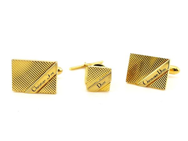 ディオール Dior カフス 2アイテムセット ロゴ入り スウィヴル式 タイタック ゴールド ブラック レディース