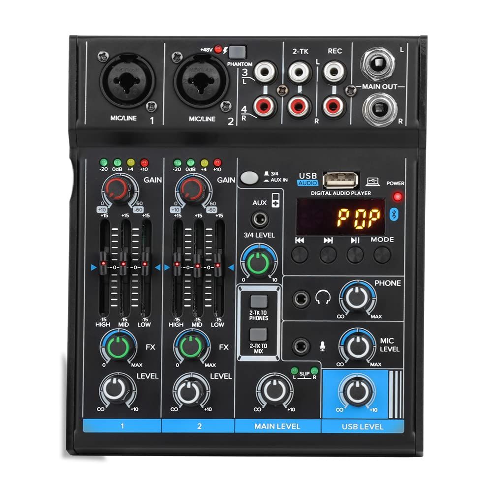 【迅速発送】ポータブルミニミキサー4チャンネルオーディオDJコンソールサウンドカード、USB、48V Phantom Power for PCレコーディングWebキャストパーティー - Depusheng M4、ブラック