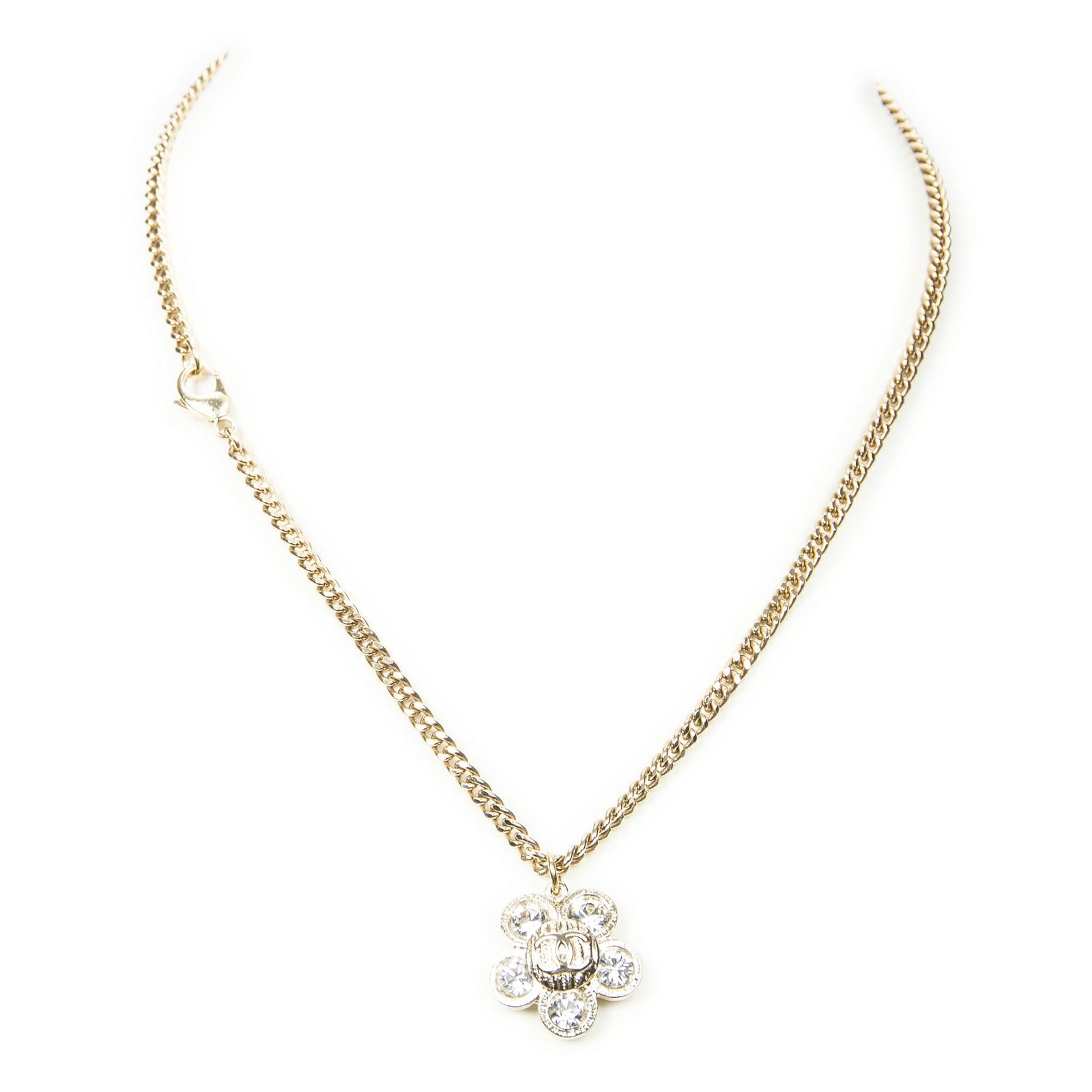 CHANEL シャネルクリスタルCCフラワーペンダントネックレス金金メッキA