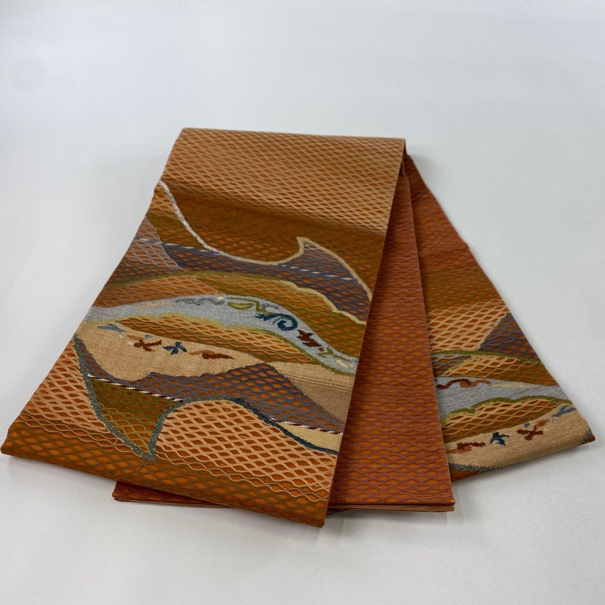 袋帯 美品 秀品 斜縞 幾何学模様 金糸 箔 濃紫 お太鼓柄 正絹 【