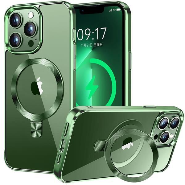 iPhone 13 Pro Max 用_アルパイングリーン CSZENMEN【CD MagSafeリング・スタンド一体】iPhone13 Pro Max 用クリアケース[MagSafe対応・隠しスタンド] [本体の色・メッキバンパー]ストラップホール付き 角度