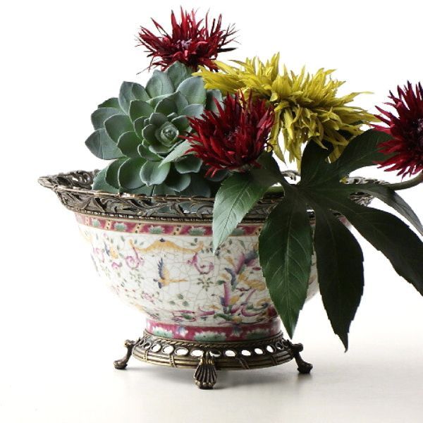 コンポート シノワズリ 置物 器 インテリア 雑貨 飾り 陶器 真鍮 オブジェ アンティーク レトロ 脚付き 皿 シノワズリなビッグコンポート