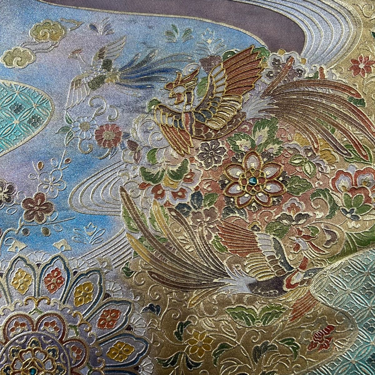 【セール】 秀品 袋帯 華文 【中古 正絹 お太鼓柄 金色 螺鈿 金銀彩 鳳凰 着物・浴衣