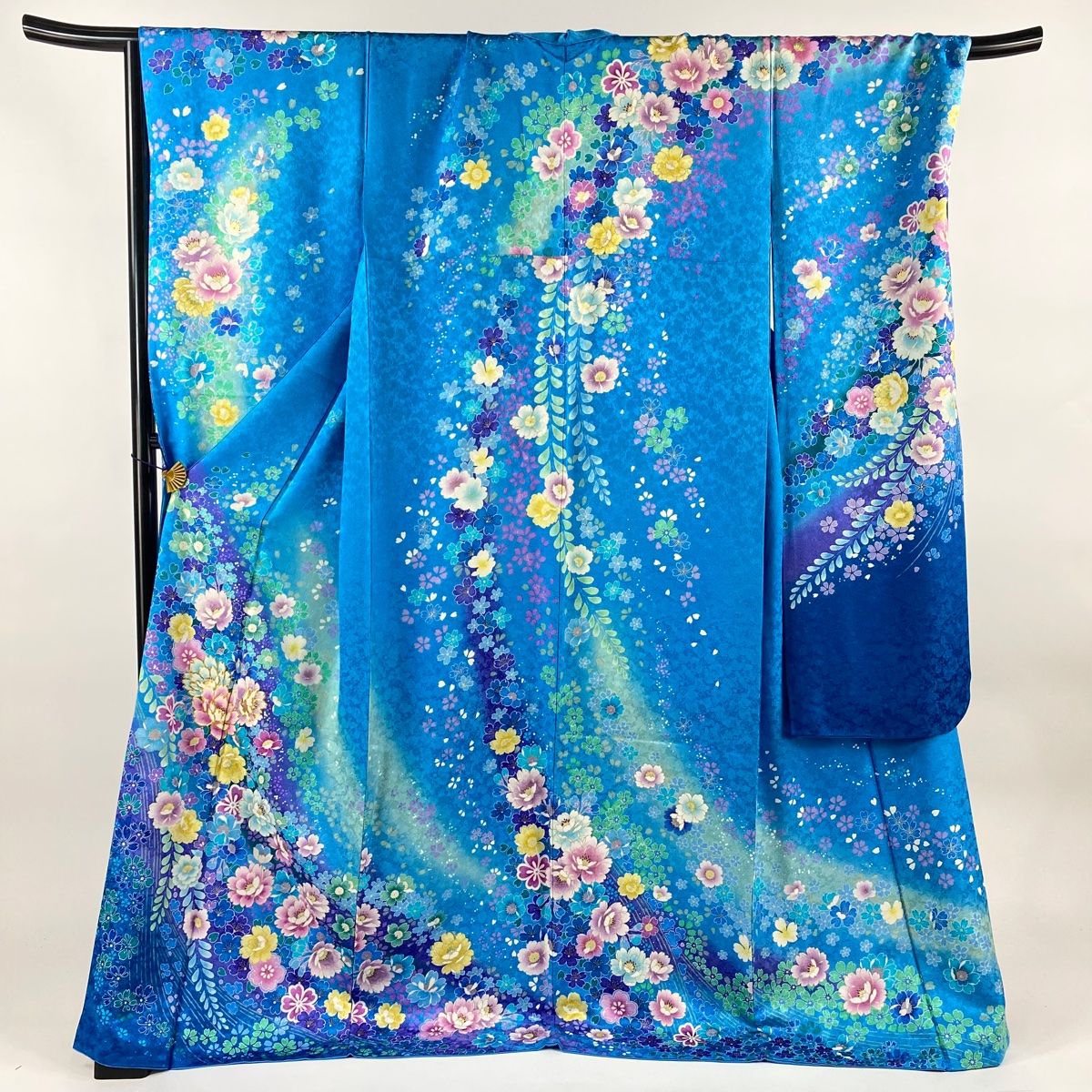振袖 身丈175cm 裄丈71cm L 袷 牡丹 桜 銀通し 金彩 水色 正絹 美品  