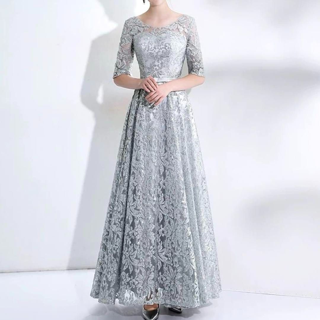 シンプルオシャレな花柄のウエストリボン 5分袖のロングドレス