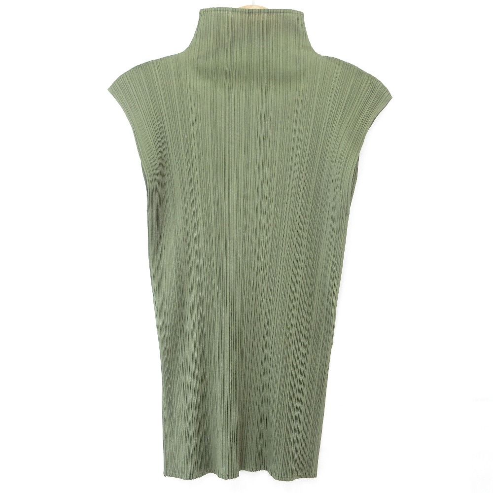 PLEATS PLEASE プリーツプリーズ イッセイミヤケ ハイネックノースリーブカットソー サイズ3 グリーン レディース 古着