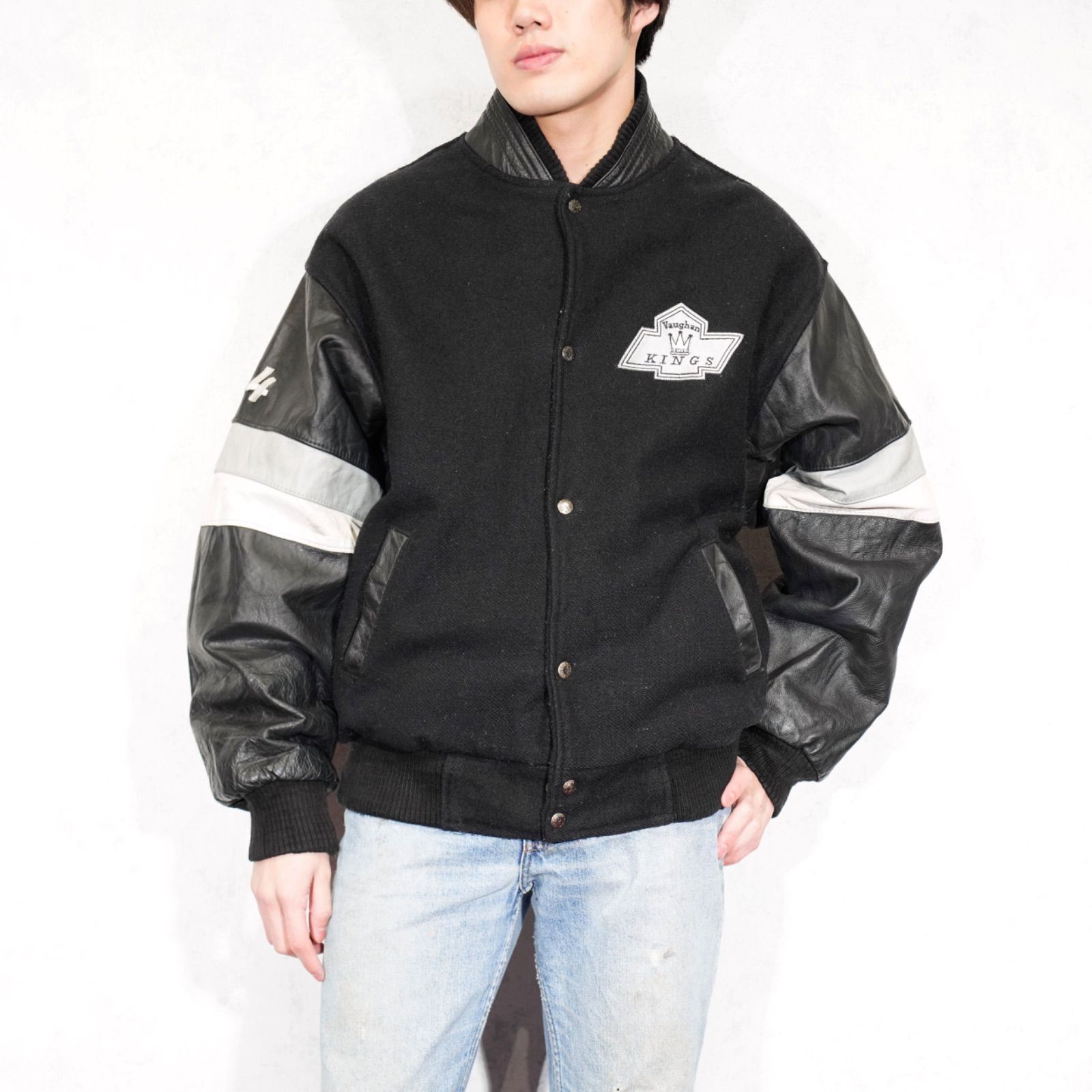USA VINTAGE LEATHER SPORT VAUGHAN KINGS LOGO EMBROIDERY DESIGN LEATHER WOOL STADIUM JUMPER|アメリカ古着スポーツチームロゴ刺繍デザインレザーウールスタジャン