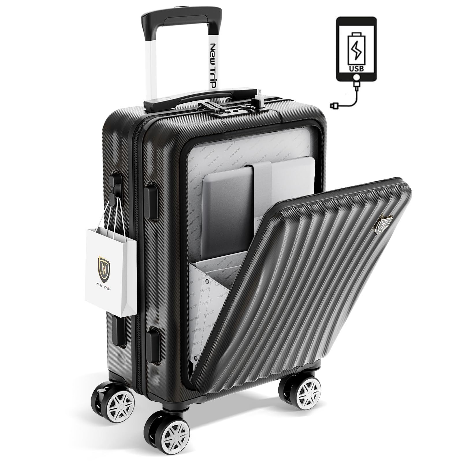 New Trip スーツケース 機内持ち込み フロントオープン キャリーケース Sサイズ USBポート付き ストッパー付き YKKファスナー TSAロック 静音 ダブルキャスター ビジネス 出張 1-3泊 40リットル ブラック