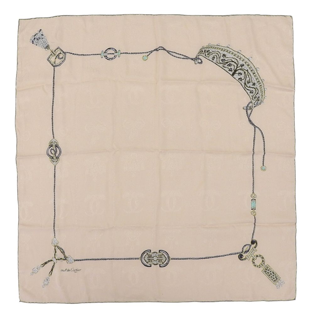美品！カルティエ マストドゥカルティエ シルク スカーフ アイボリー 宝石柄 カルティエ マストドゥカルティエ シルク スカーフ アイボリー