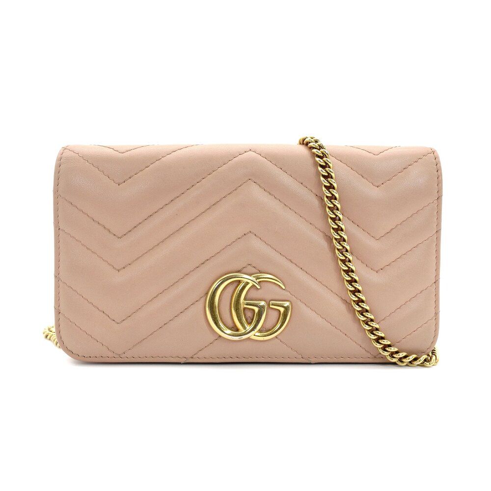 グッチ GUCCI GGマーモント レザー チェーン ショルダーバッグ ピンク ベージュ GGロゴ 488426 クロスボディ 7-9-652