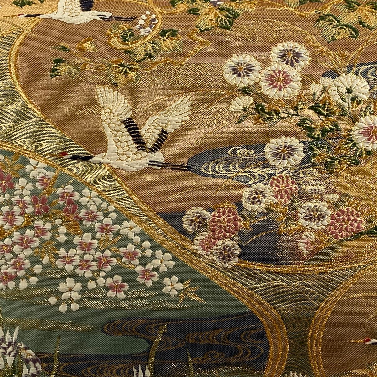 美品】 袋帯 秀品 草花 鶴 金糸 箔 金色 六通 正絹 【中古