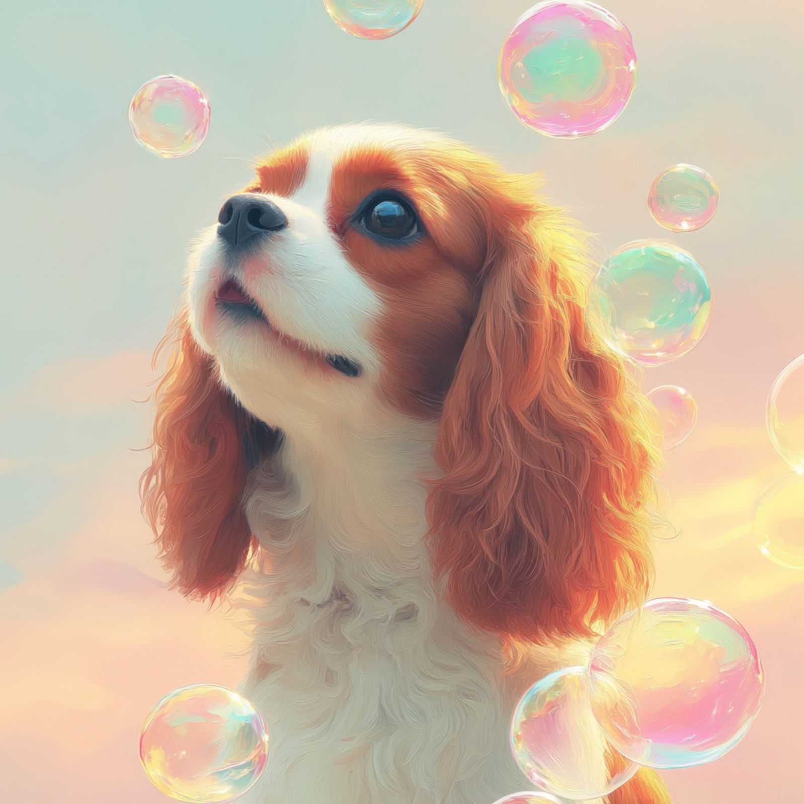 名入れOK 犬とシャボン玉 - キャバリア キングチャールズ スパニエル犬 No.1 ブレンハイム アートポスター ペットロス うちの子記念日 北欧 ナチュラル