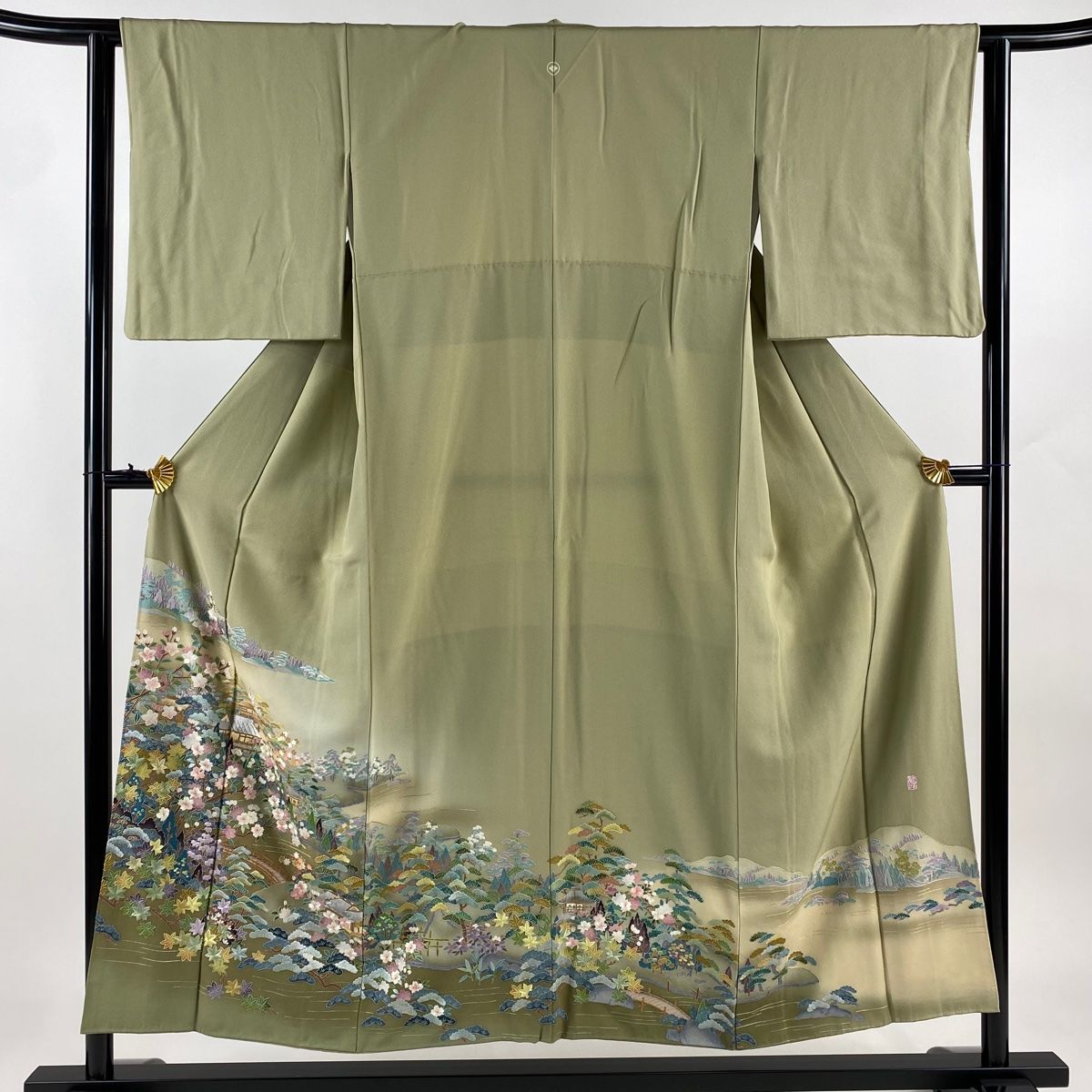 色留袖 身丈152cm 裄丈62cm S 袷 落款 建物 風景 刺繍 金糸 灰緑 正絹 名品 一つ紋