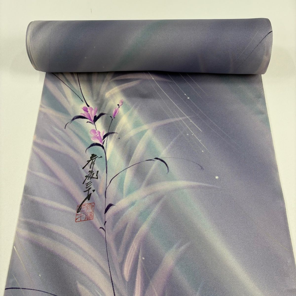 反物 秀品 小紋 落款有 斉藤三才 草花 薄紫 正絹